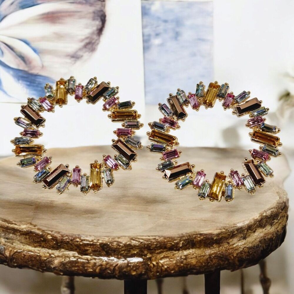 Color-block Rhinestone Stud Earrings Woman's Fashion Chic Spheres Baguette Cut - Picture 6 of 9